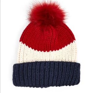 Pom Pom red white and blue beanie